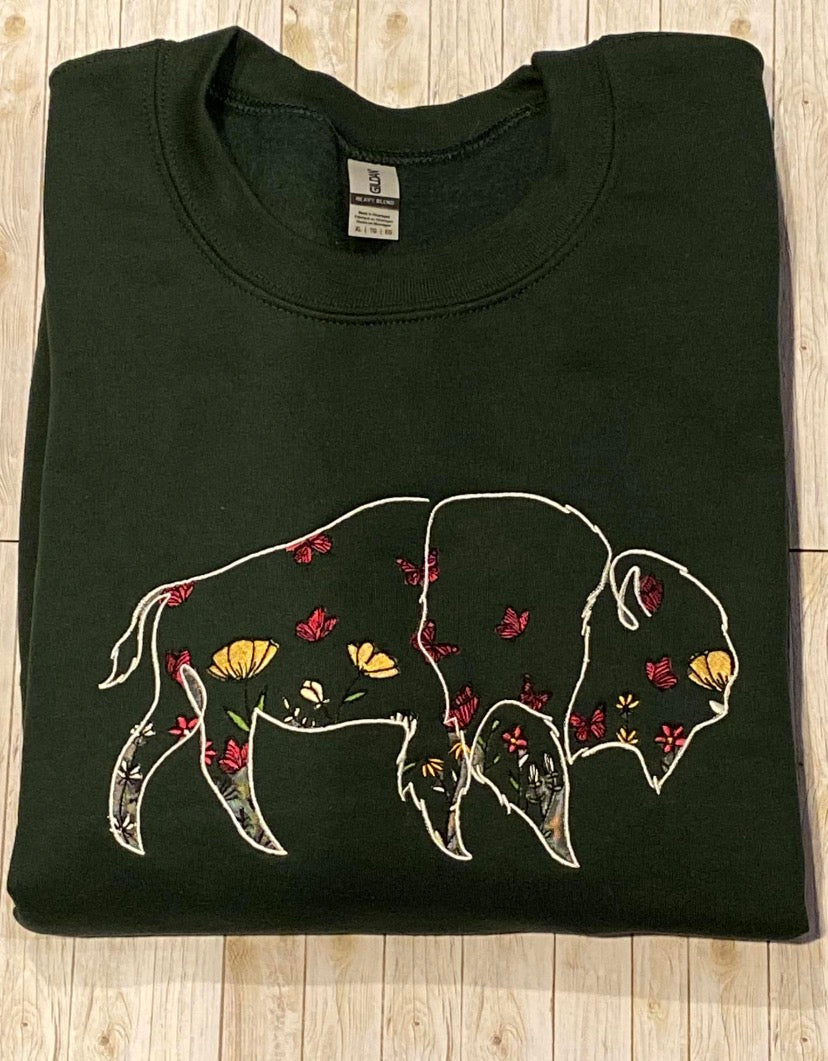 Embroidered floral buffalo crewneck