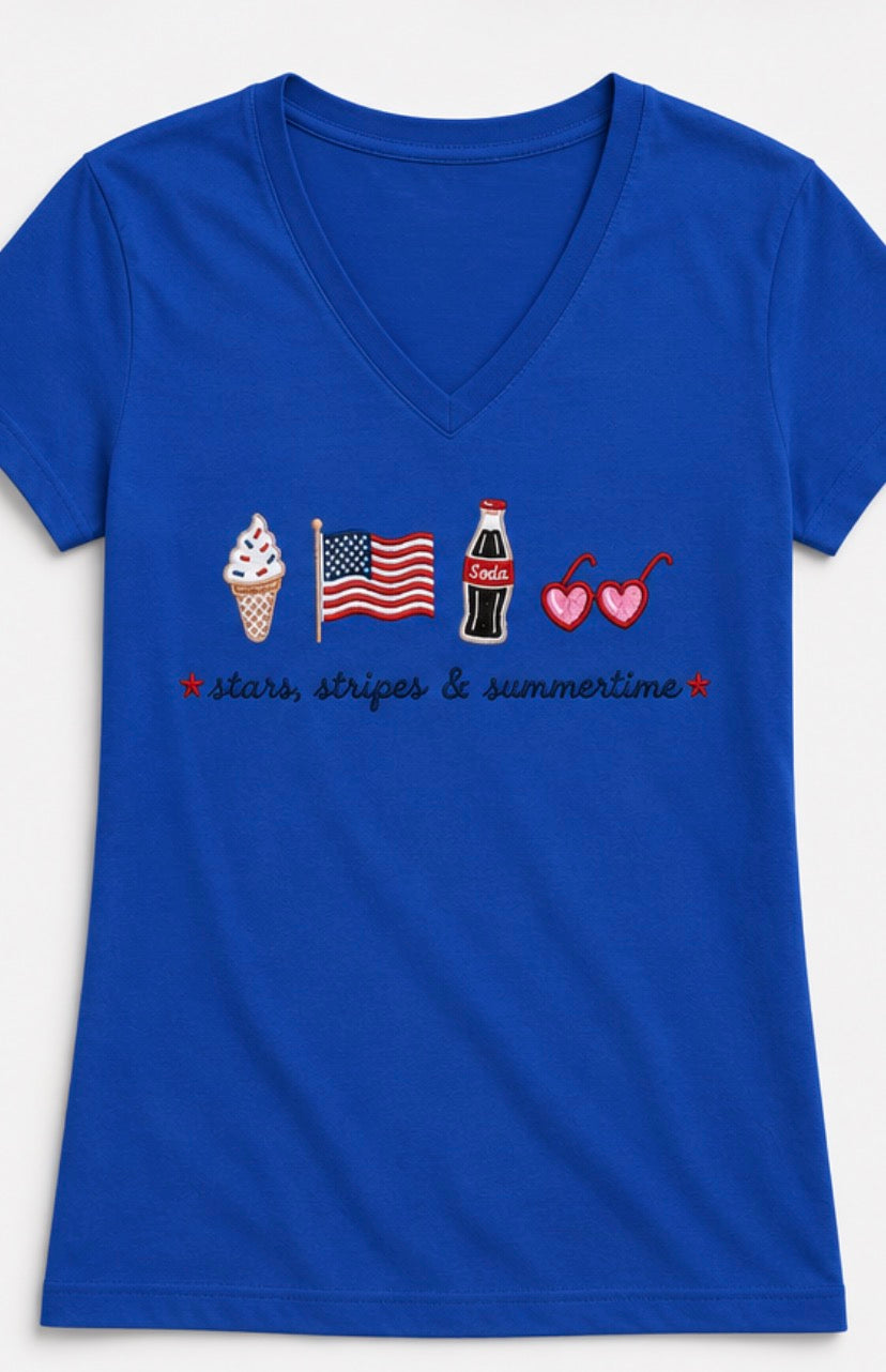 Stars, Stripes & Summertime Embroidered Gildan V-Neck Tee